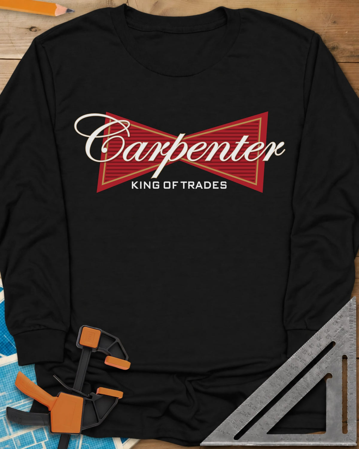 King of Trades long sleeve shirt in Black, a red bow-tie badge with white script and gold trim
