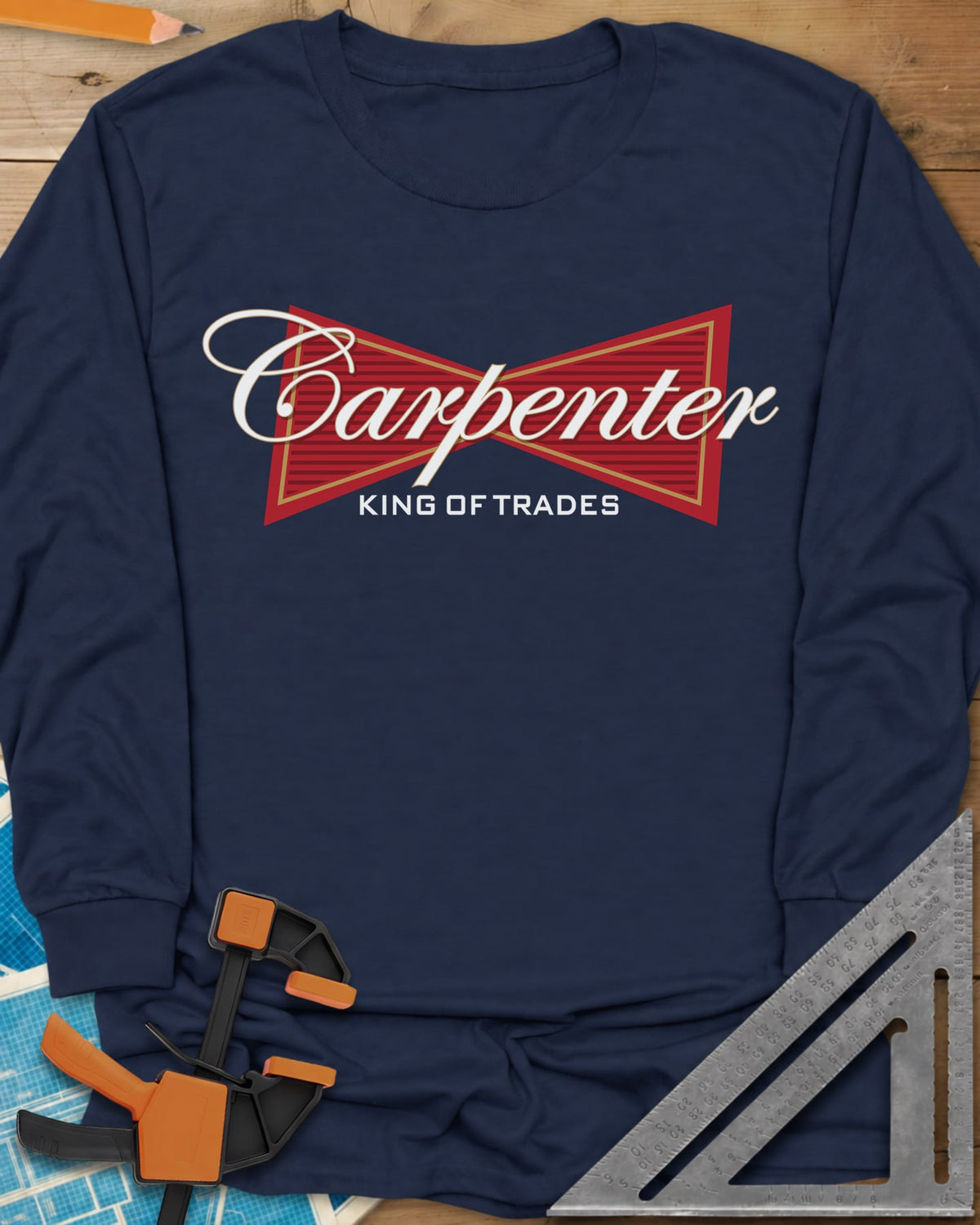 King of Trades long sleeve shirt in Navy, a red bow-tie badge with white script and gold trim
