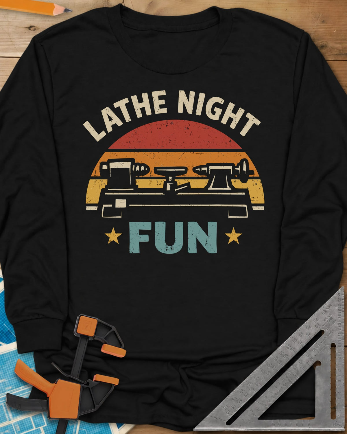 Lathe Night Fun long sleeve shirt in Black, a retro striped sunset behind a wood lathe with stars