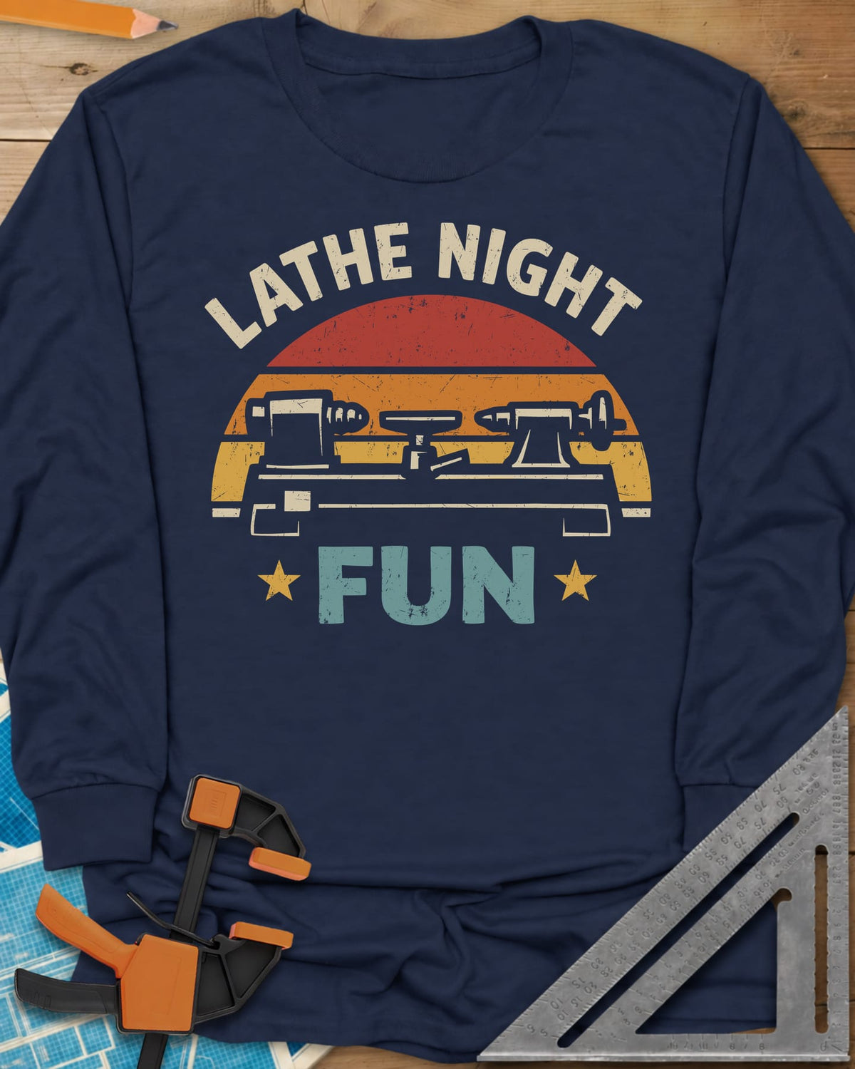 Lathe Night Fun long sleeve shirt in Navy, a retro striped sunset behind a wood lathe with stars