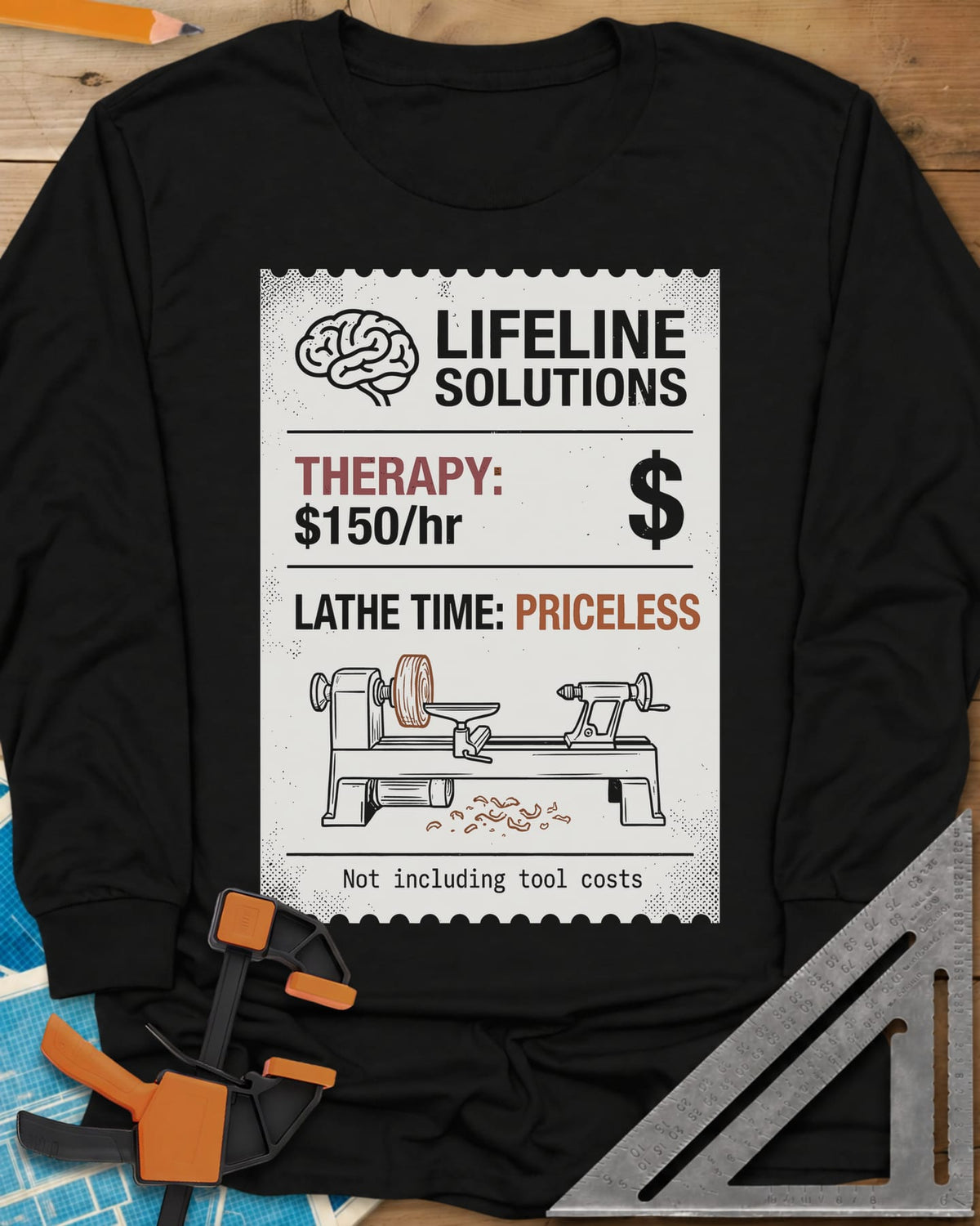 Lathe Time long sleeve shirt in Black, a receipt-style label with a brain icon and a wood lathe