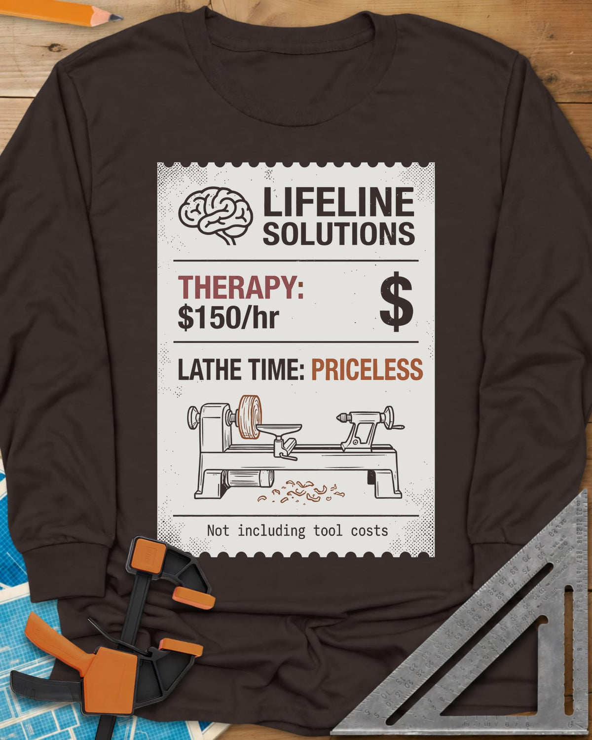 Lathe Time long sleeve shirt in Dark Chocolate, a receipt-style label with a brain icon and a wood lathe