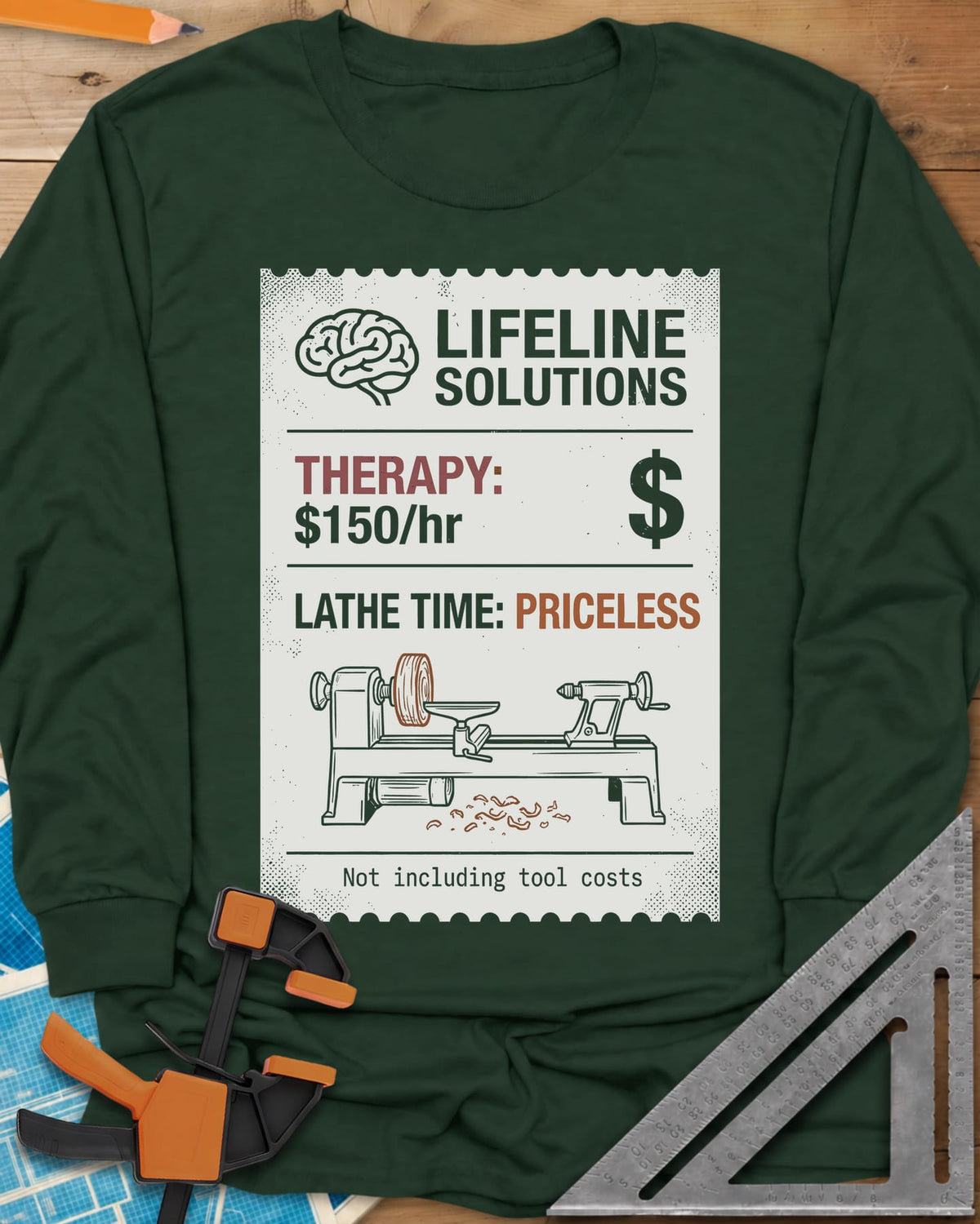 Lathe Time long sleeve shirt in Forest Green, a receipt-style label with a brain icon and a wood lathe