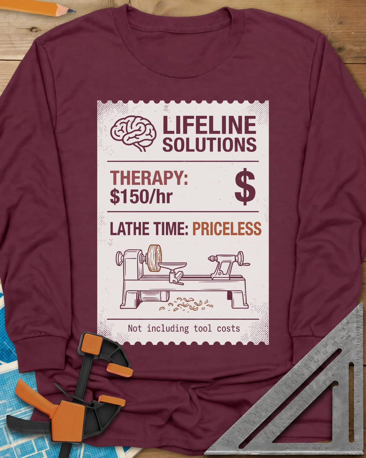 Lathe Time long sleeve shirt in Maroon, a receipt-style label with a brain icon and a wood lathe