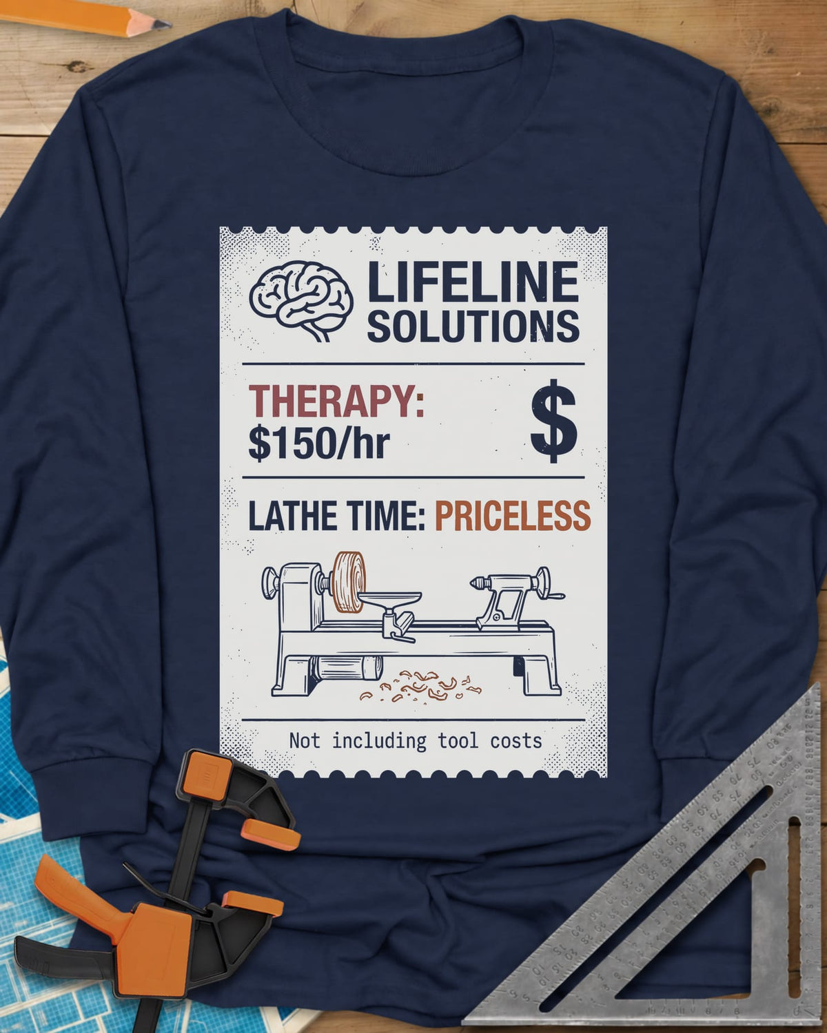 Lathe Time long sleeve shirt in Navy, a receipt-style label with a brain icon and a wood lathe