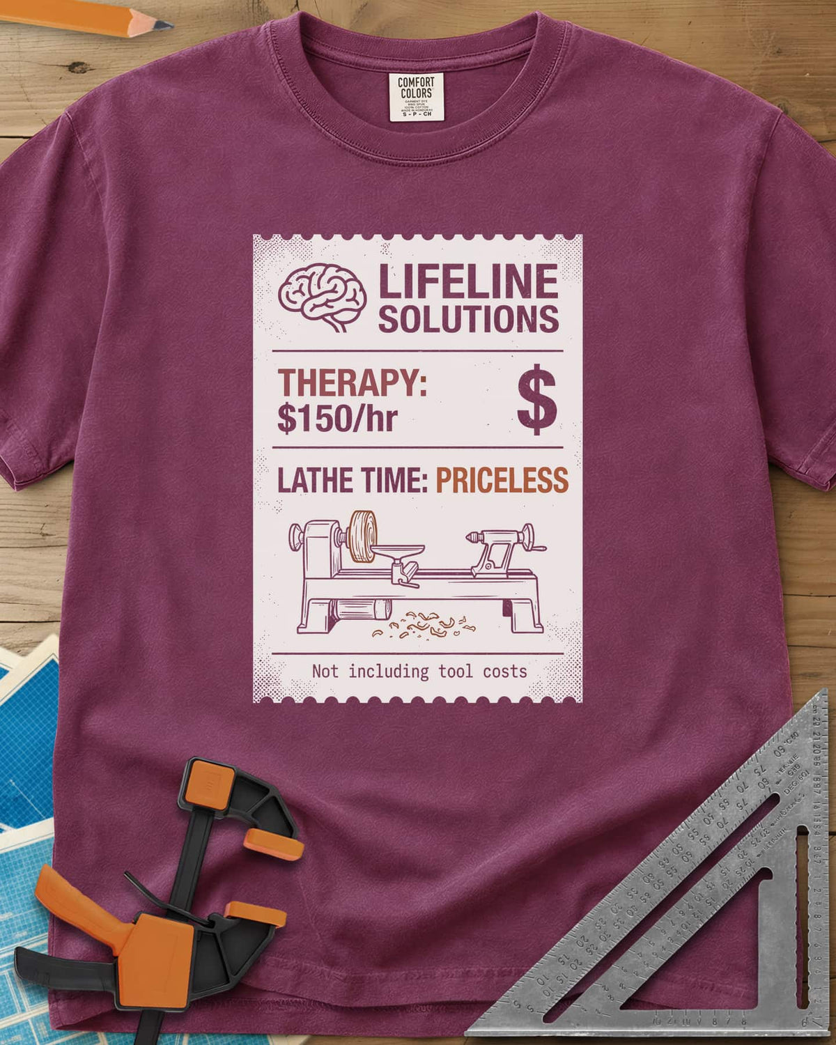 Lathe Time heavyweight tee in Berry, a receipt-style label with a brain icon and a wood lathe