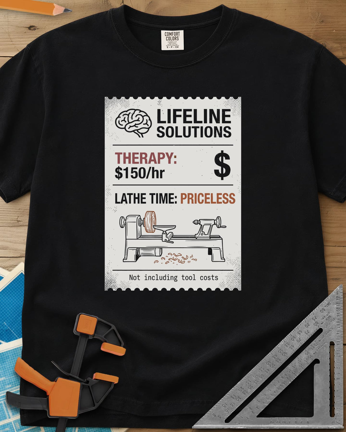 Lathe Time heavyweight tee in Black, a receipt-style label with a brain icon and a wood lathe