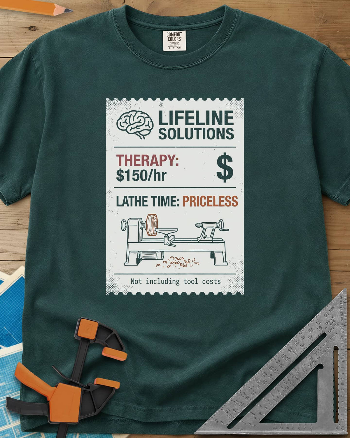 Lathe Time heavyweight tee in Blue Spruce, a receipt-style label with a brain icon and a wood lathe