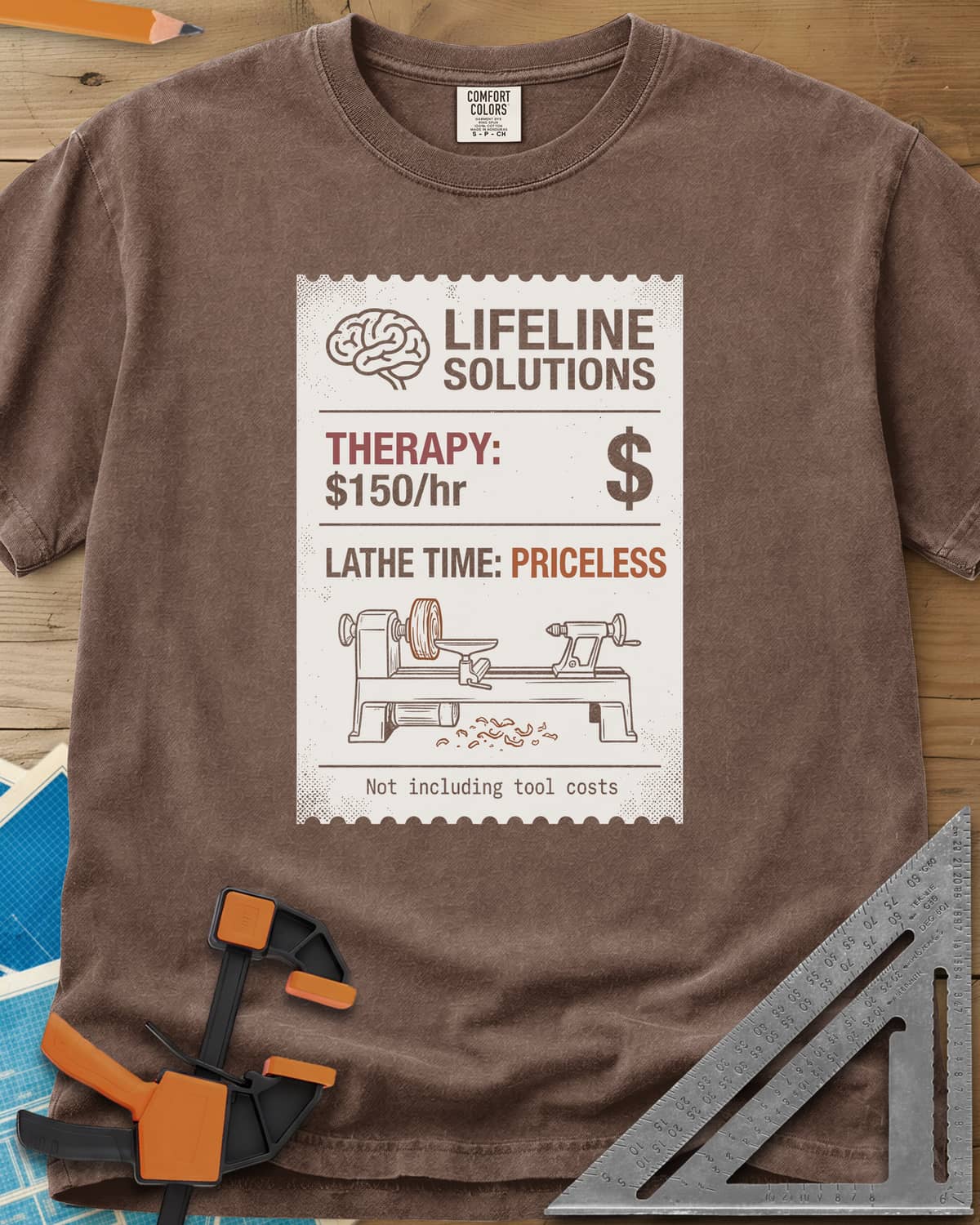 Lathe Time heavyweight tee in Espresso, a receipt-style label with a brain icon and a wood lathe