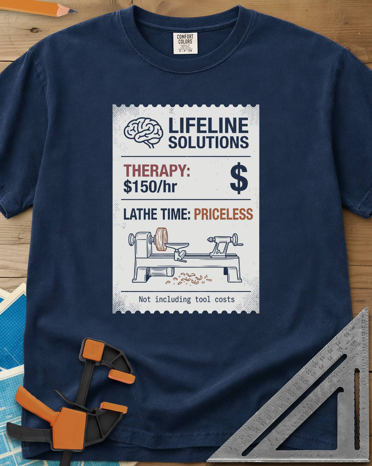 Lathe Time heavyweight tee in Navy, a receipt-style label with a brain icon and a wood lathe