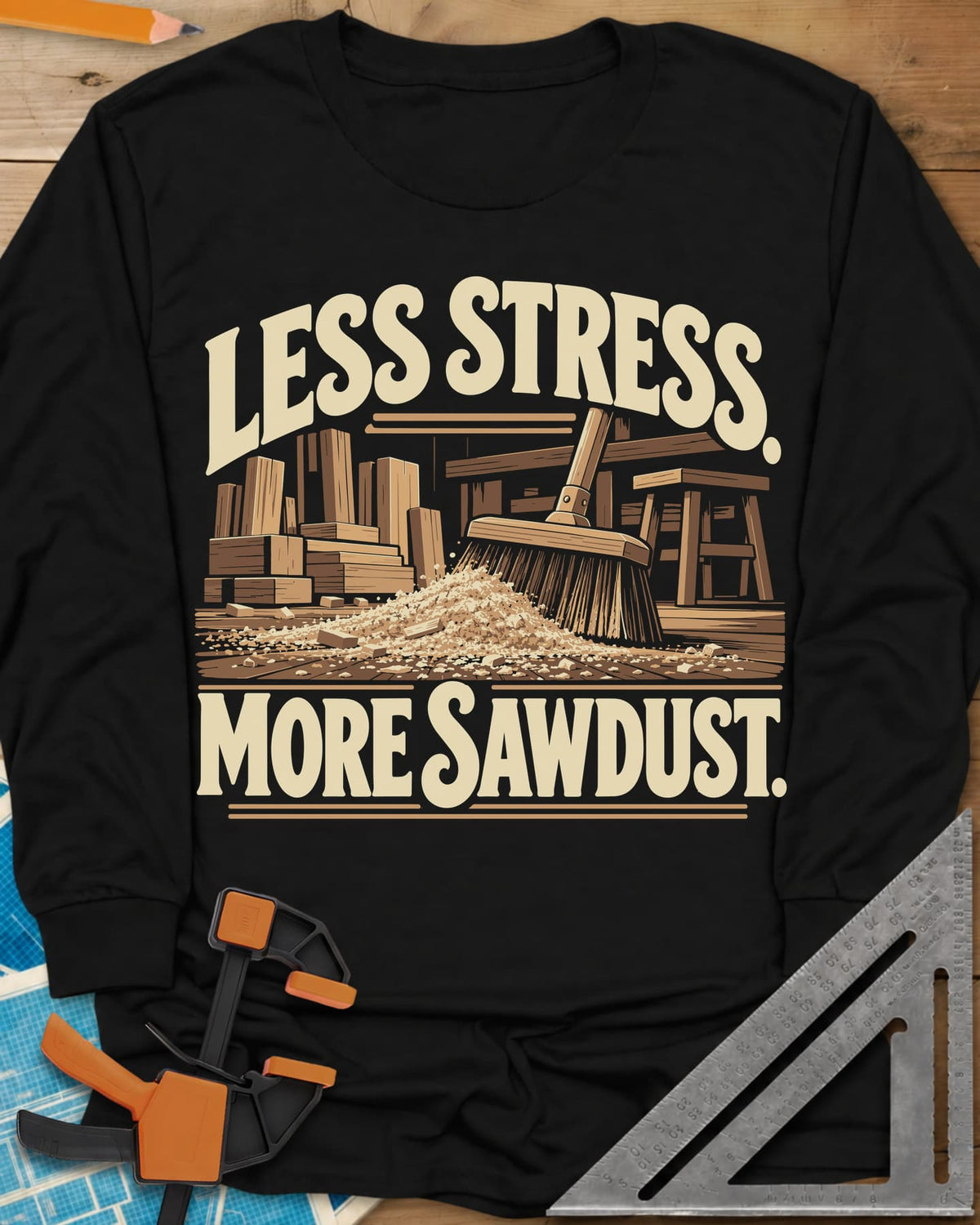 Less Stress long sleeve shirt in Black, a push broom sweeping sawdust past stacked lumber