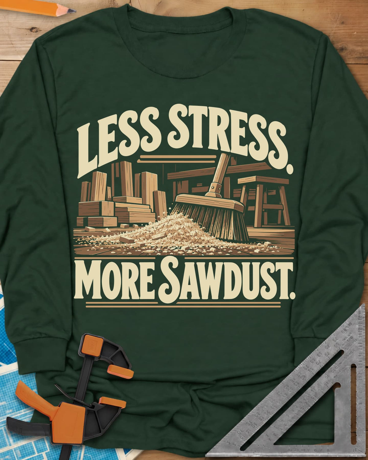 Less Stress long sleeve shirt in Forest Green, a push broom sweeping sawdust past stacked lumber