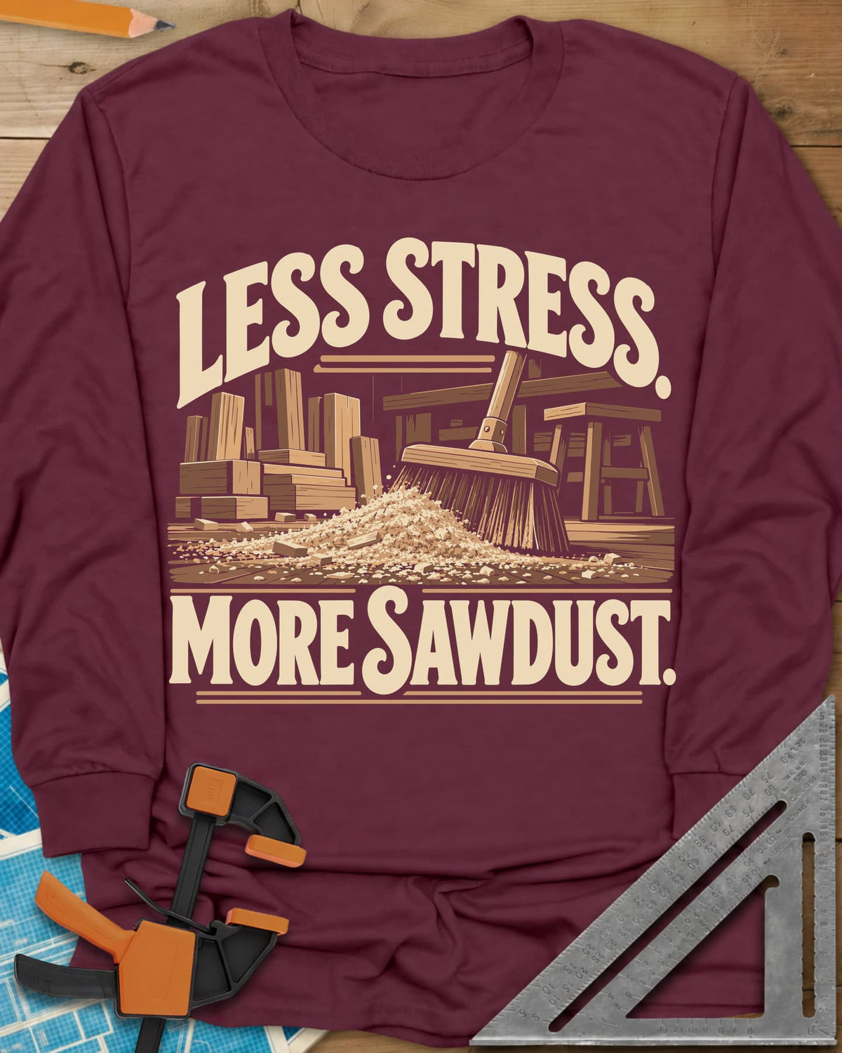 Less Stress long sleeve shirt in Maroon, a push broom sweeping sawdust past stacked lumber