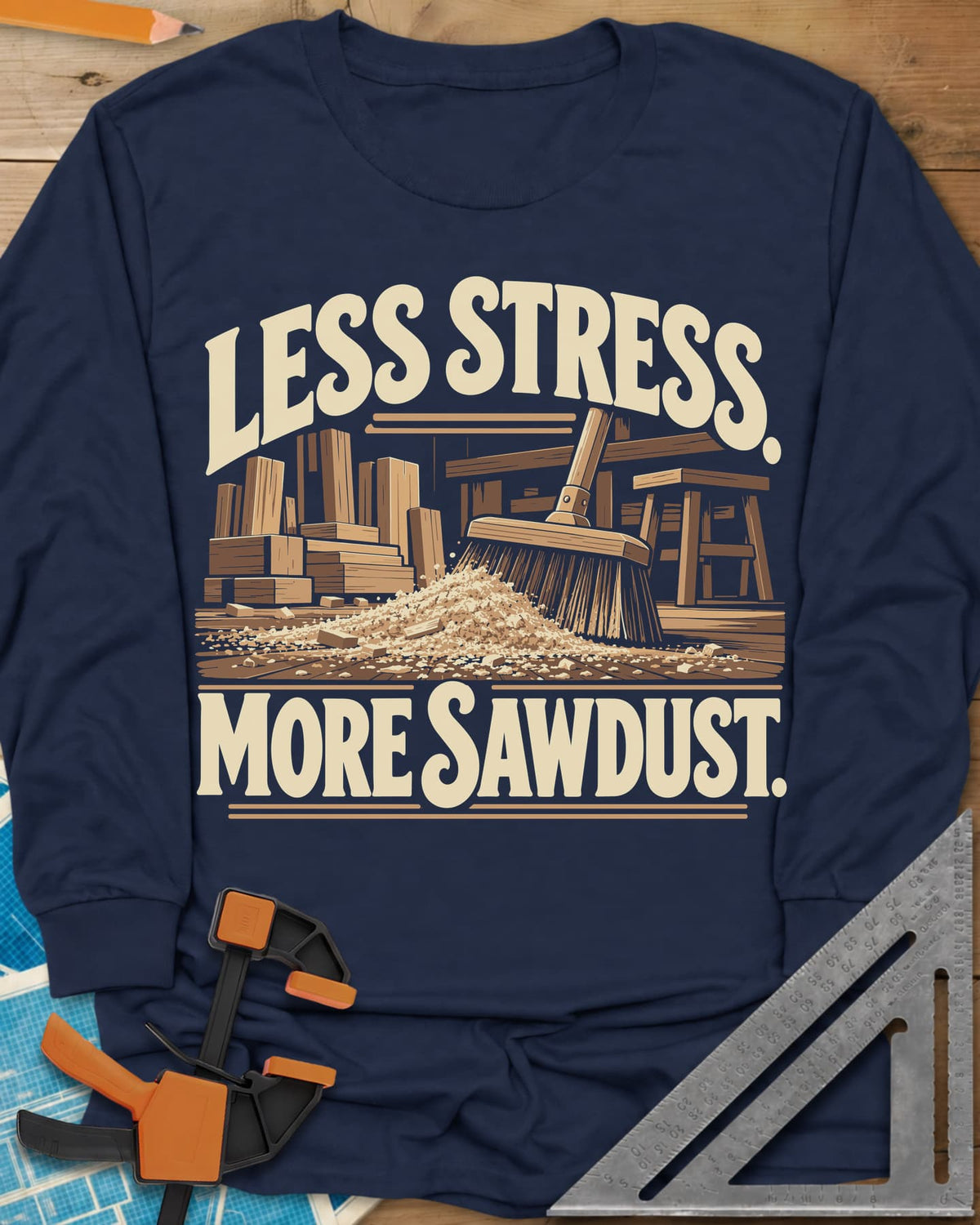 Less Stress long sleeve shirt in Navy, a push broom sweeping sawdust past stacked lumber
