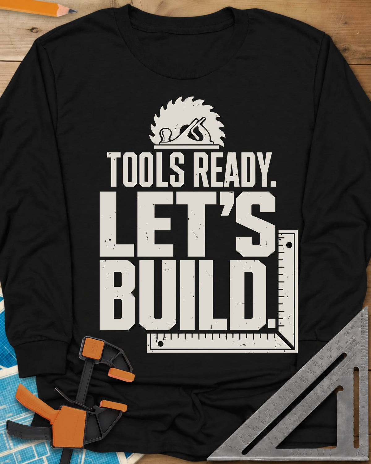 Let'S Build long sleeve shirt in Black, a saw blade and hand plane over a framing square