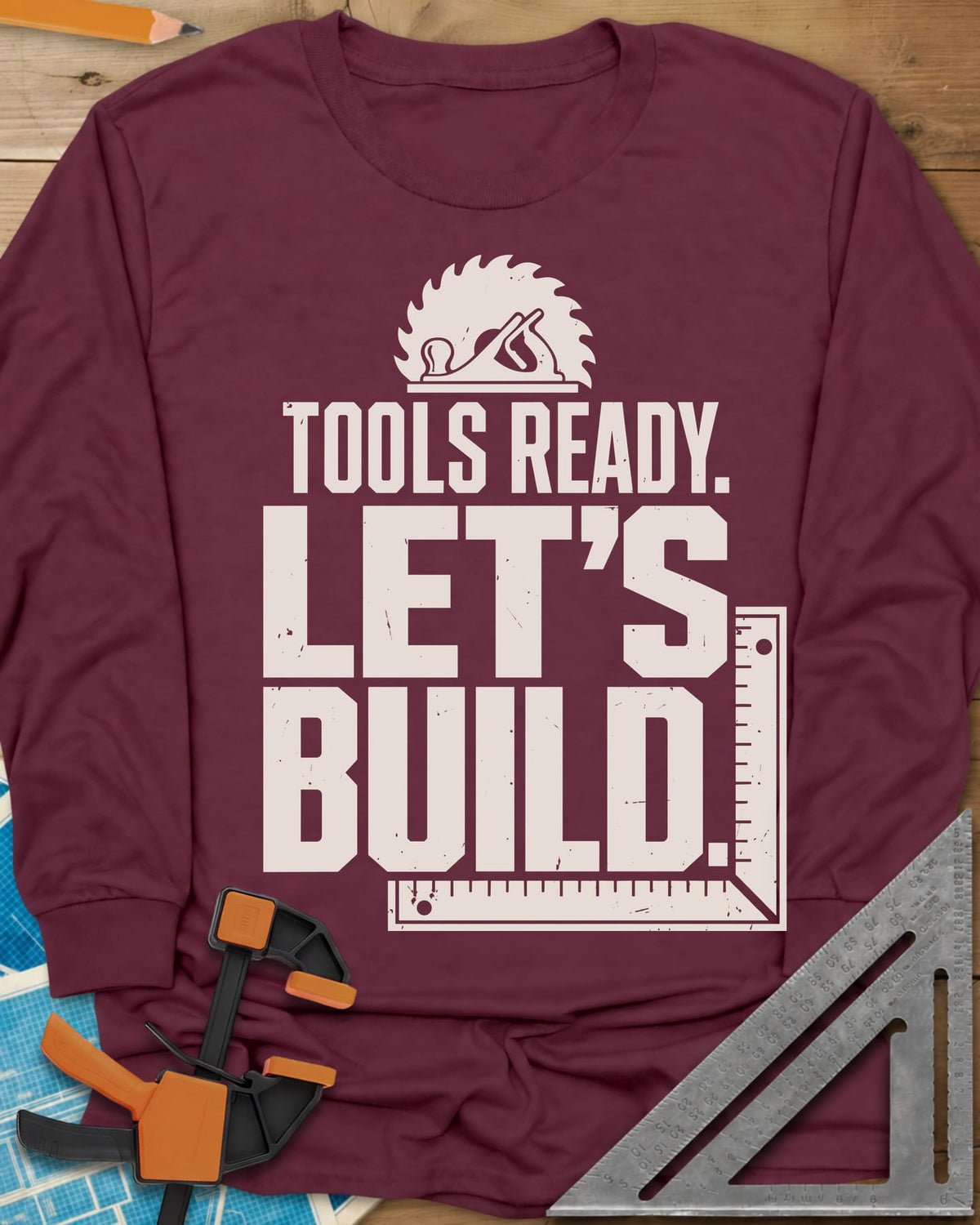 Let'S Build long sleeve shirt in Maroon, a saw blade and hand plane over a framing square