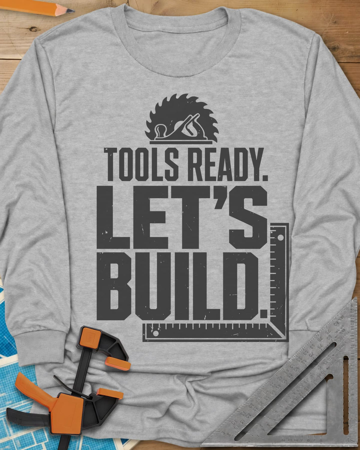 Let'S Build long sleeve shirt in Sport Grey, a saw blade and hand plane over a framing square