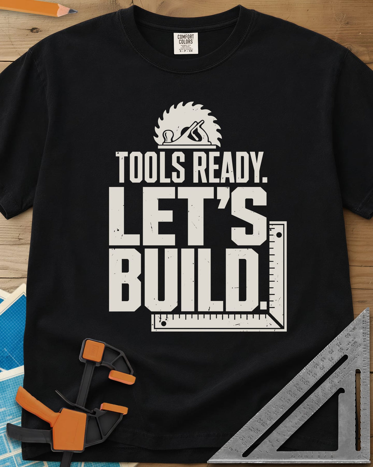 Let'S Build heavyweight tee in Black, a saw blade and hand plane over a framing square