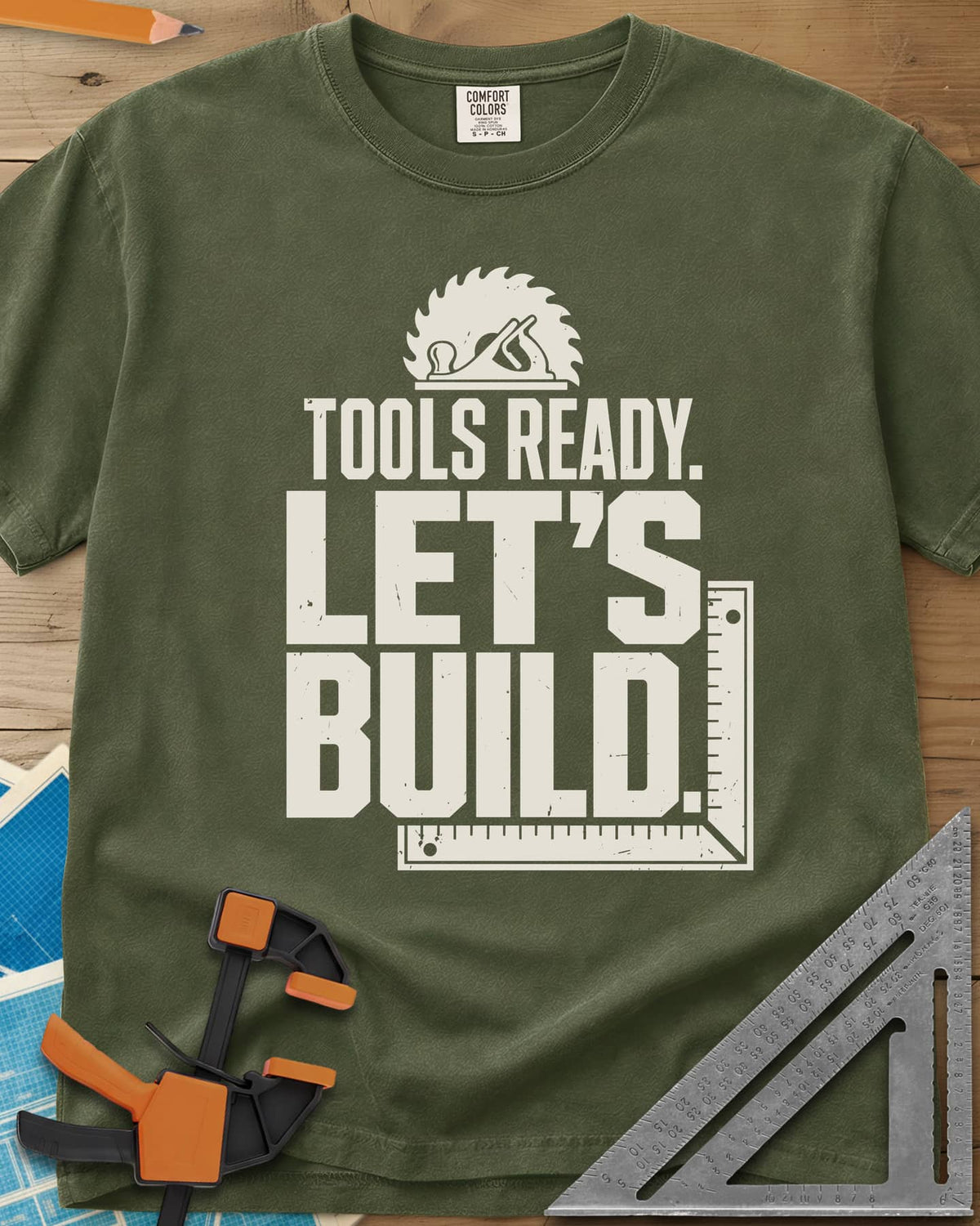 Let'S Build heavyweight tee in Hemp, a saw blade and hand plane over a framing square