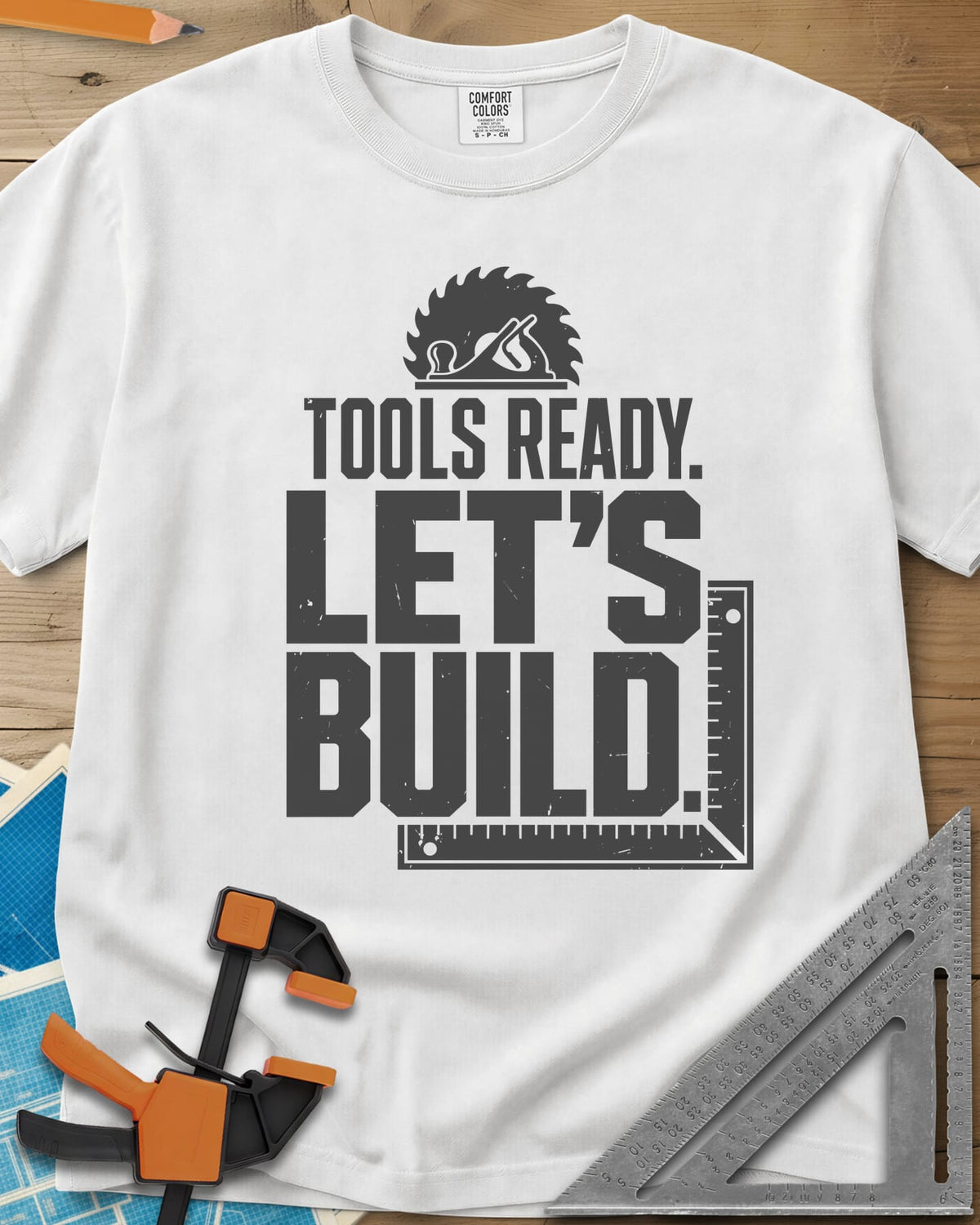 Let'S Build heavyweight tee in White, a saw blade and hand plane over a framing square