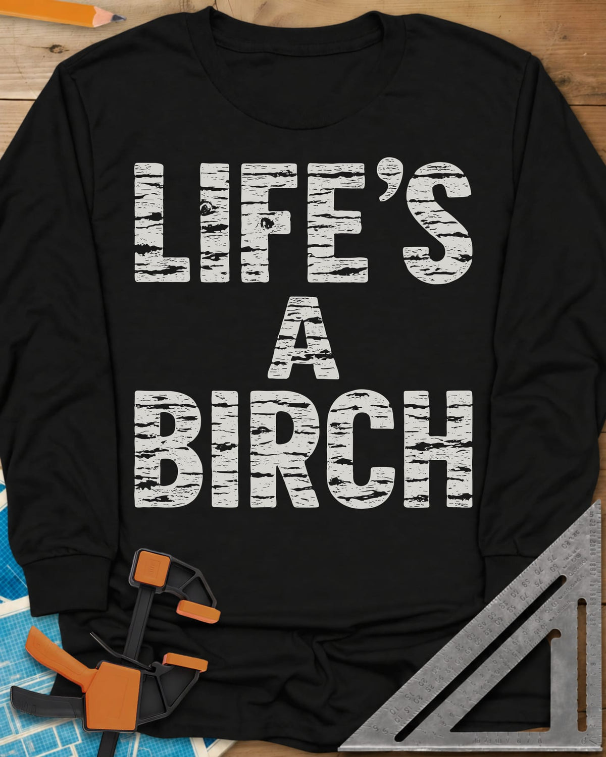 Life's a Birch long sleeve shirt in Black, stacked block letters filled with white birch bark texture
