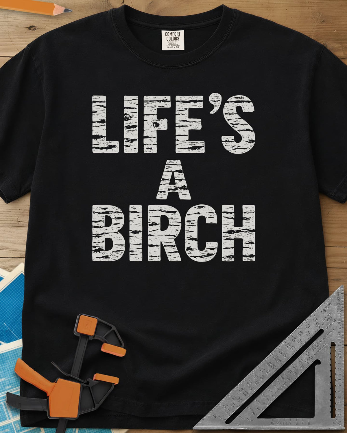 Life's a Birch heavyweight tee in Black, stacked block letters filled with white birch bark texture