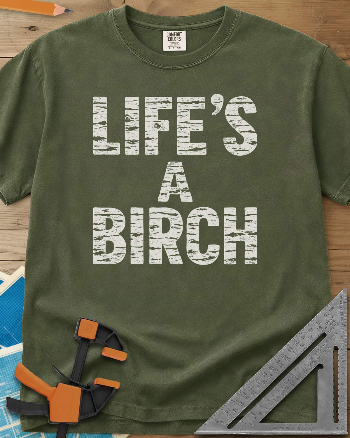 Life's a Birch heavyweight tee in Hemp, stacked block letters filled with white birch bark texture