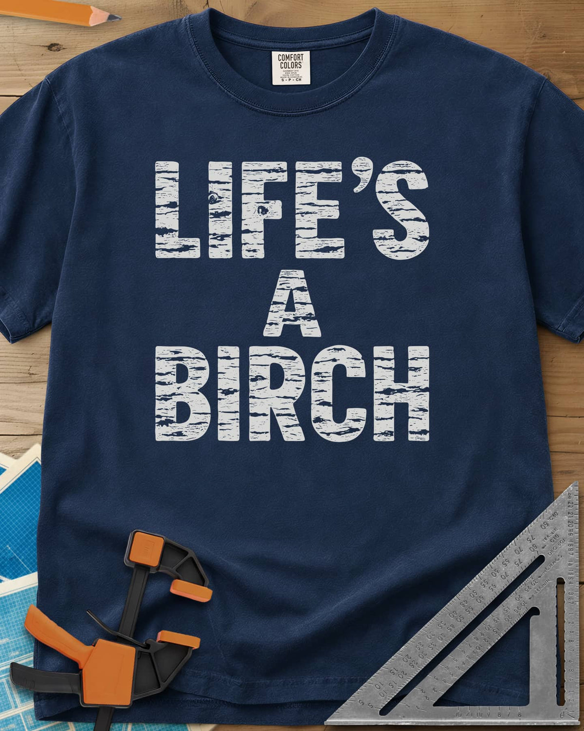 Life's a Birch heavyweight tee in Navy, stacked block letters filled with white birch bark texture