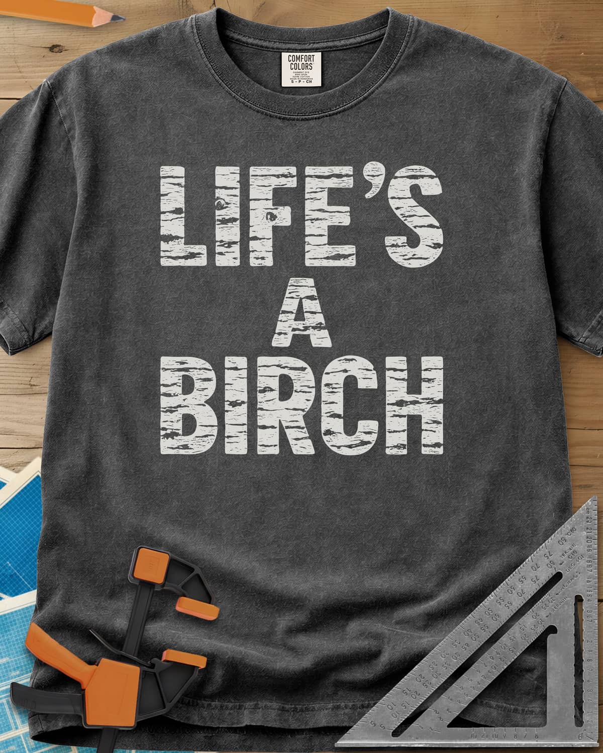 Life's a Birch heavyweight tee in Pepper, stacked block letters filled with white birch bark texture