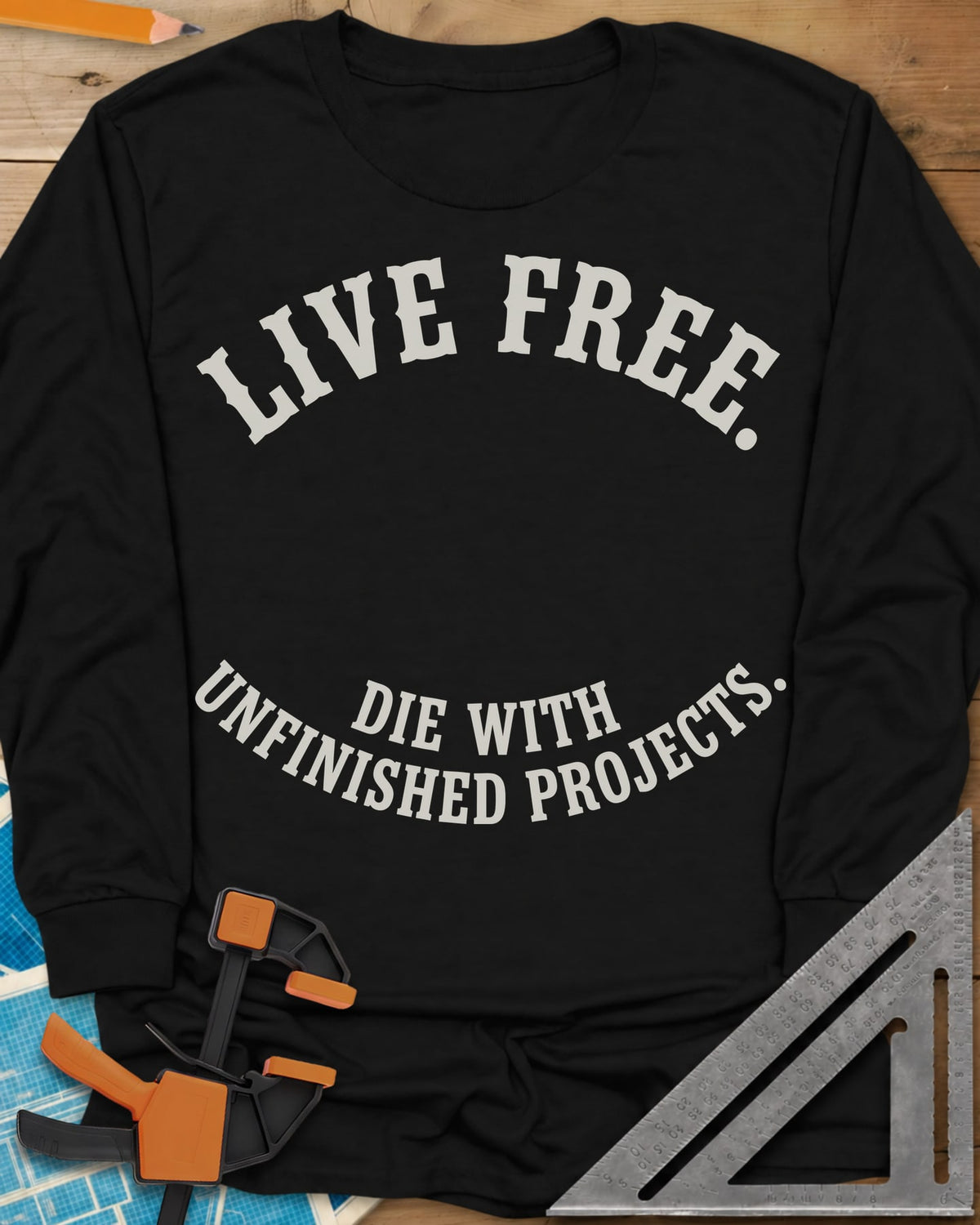 Live Free long sleeve shirt in Black, two curved lines of slab-serif capitals, no graphic