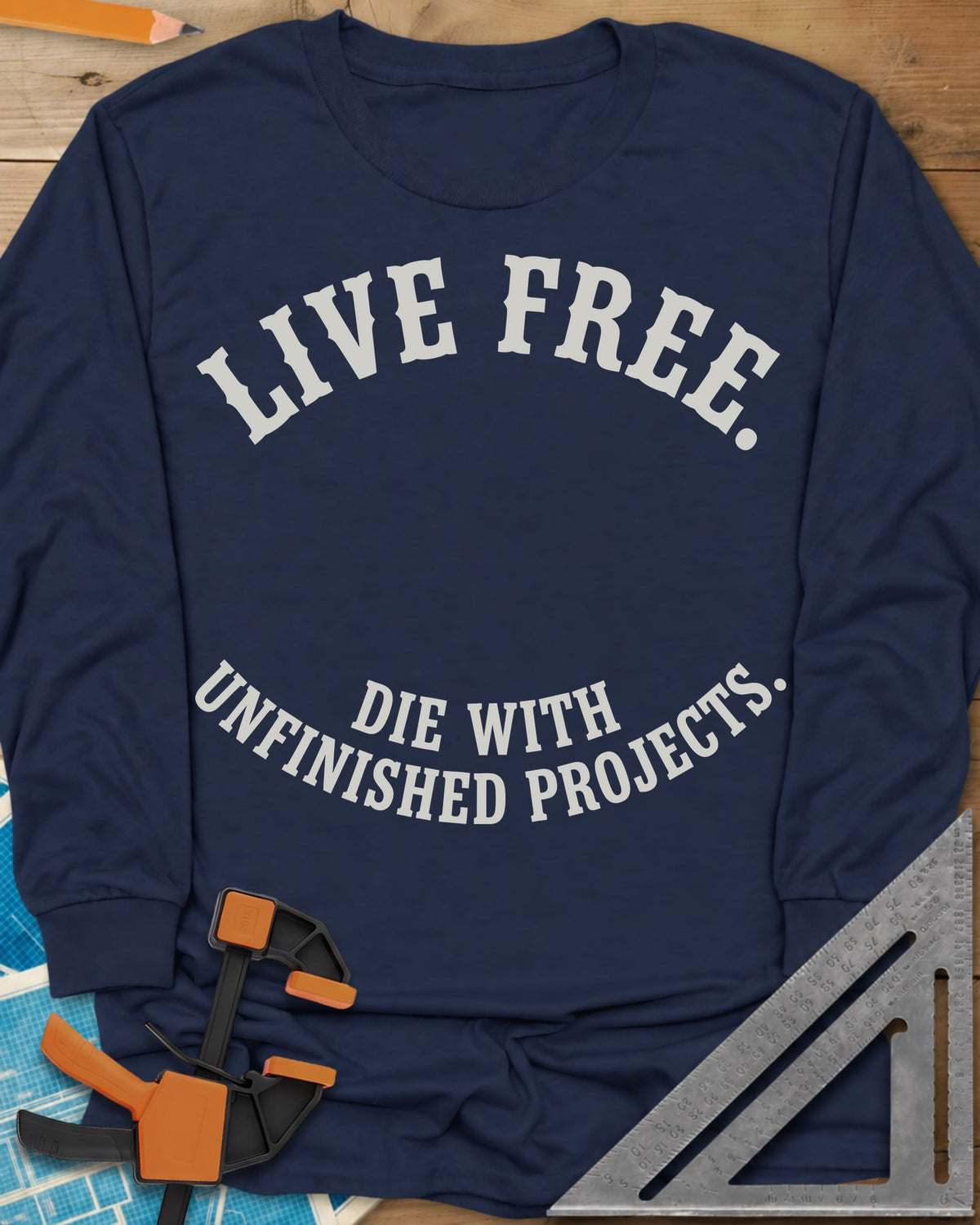 Live Free long sleeve shirt in Navy, two curved lines of slab-serif capitals, no graphic