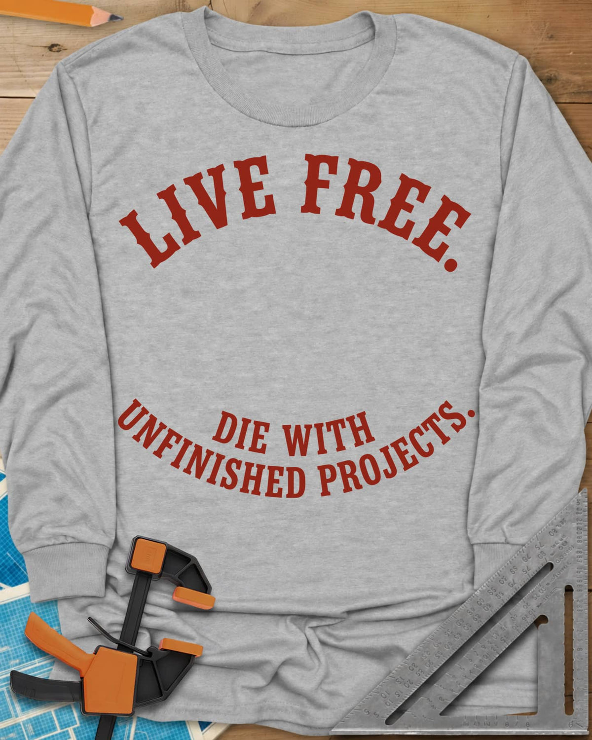 Live Free long sleeve shirt in Sport Grey, two curved lines of slab-serif capitals, no graphic