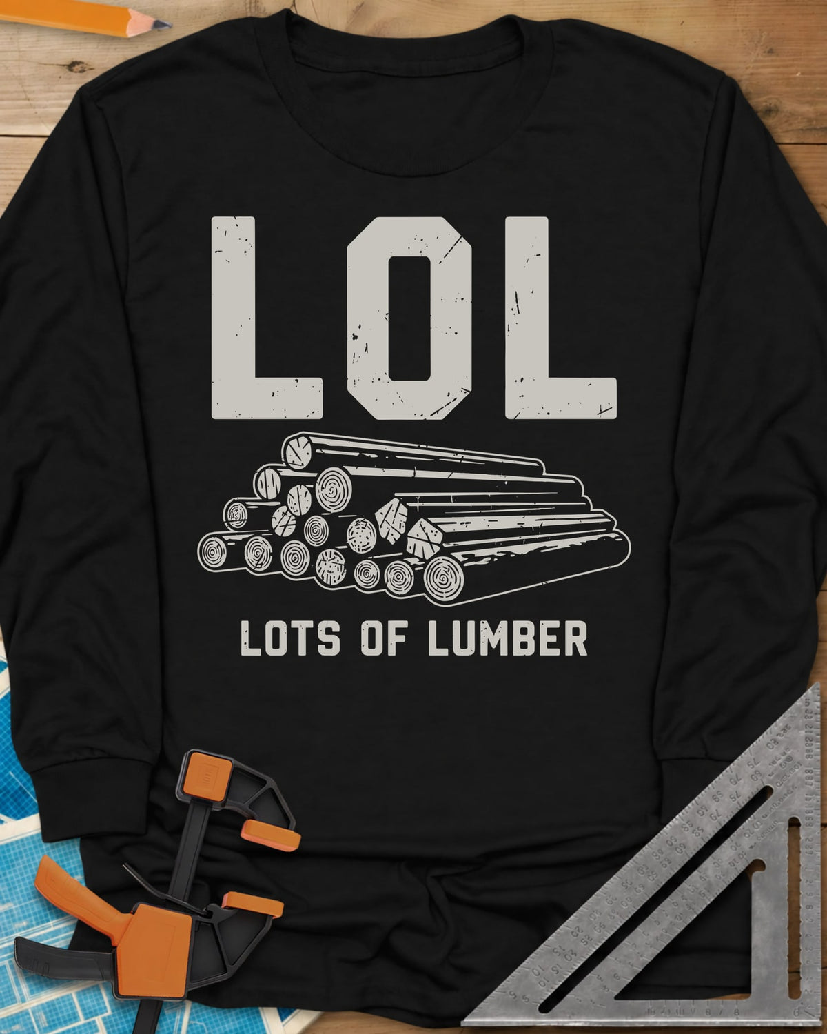 LOL long sleeve shirt in Black, big LOL above a line-drawn stack of logs