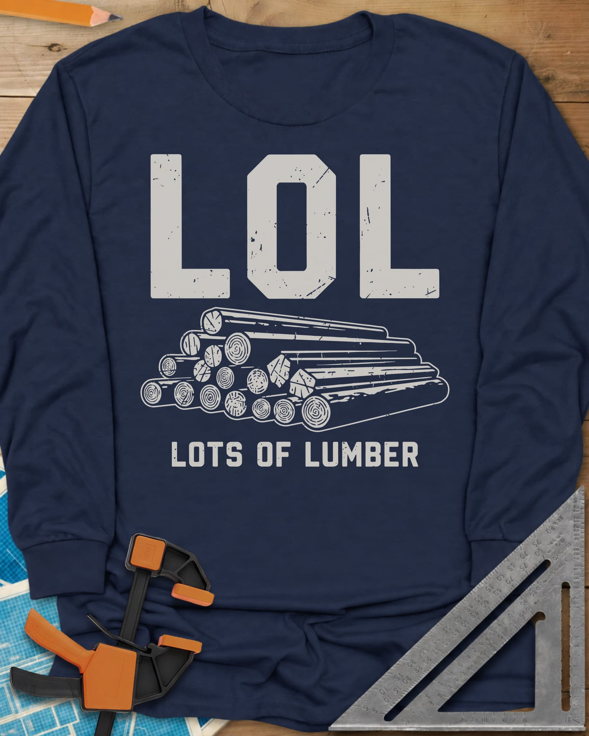 LOL long sleeve shirt in Navy, big LOL above a line-drawn stack of logs