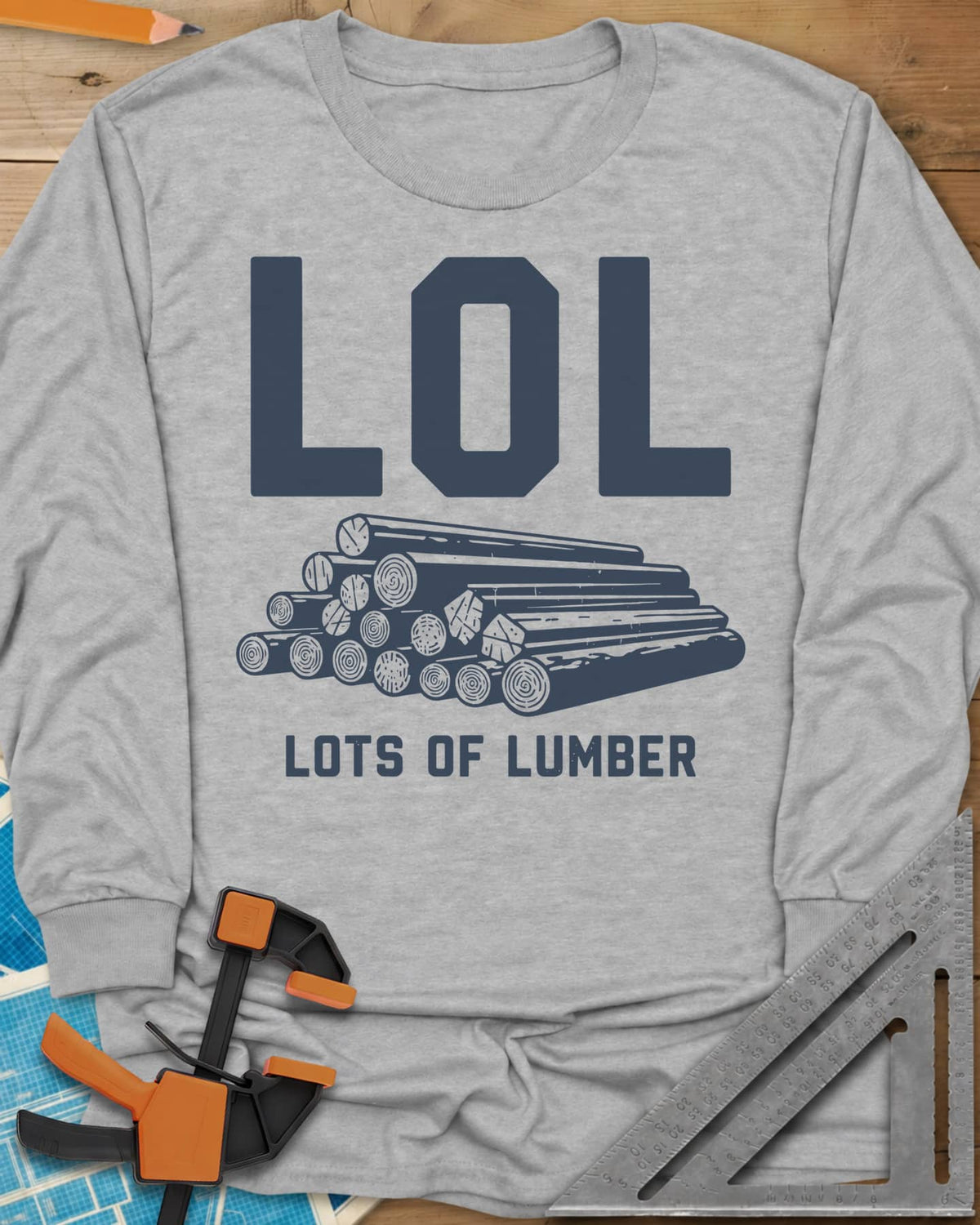 LOL long sleeve shirt in Sport Grey, big LOL above a line-drawn stack of logs