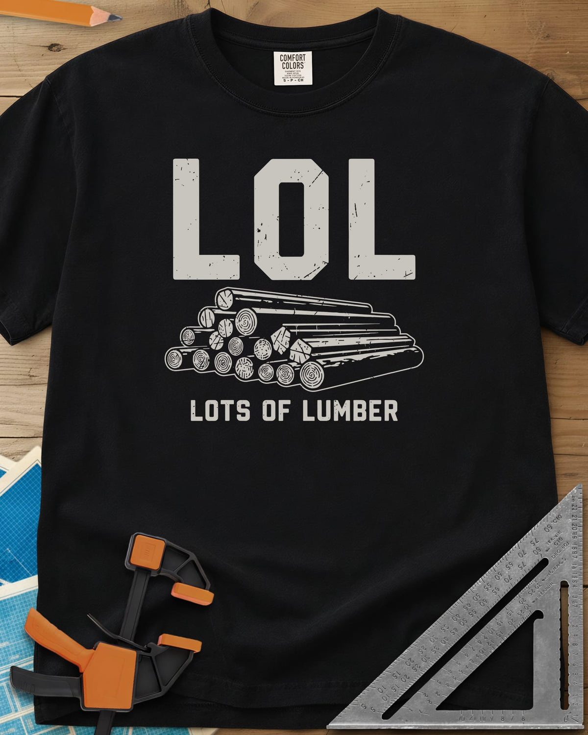 LOL heavyweight tee in Black, big LOL above a line-drawn stack of logs