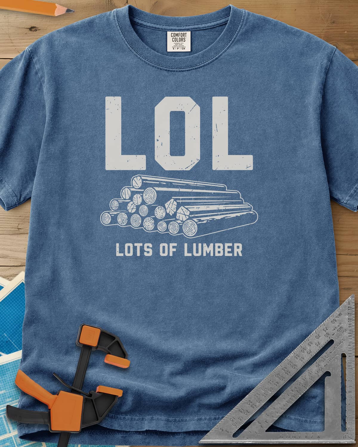 LOL heavyweight tee in Blue Jean, big LOL above a line-drawn stack of logs