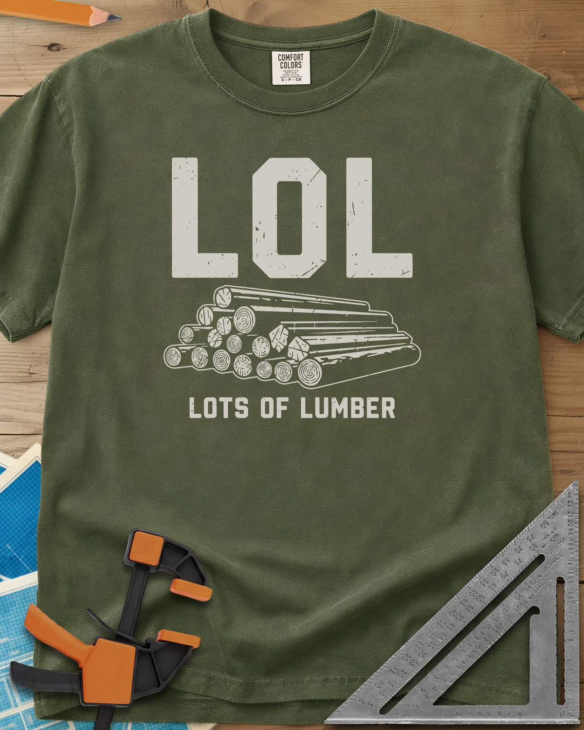 LOL heavyweight tee in Hemp, big LOL above a line-drawn stack of logs