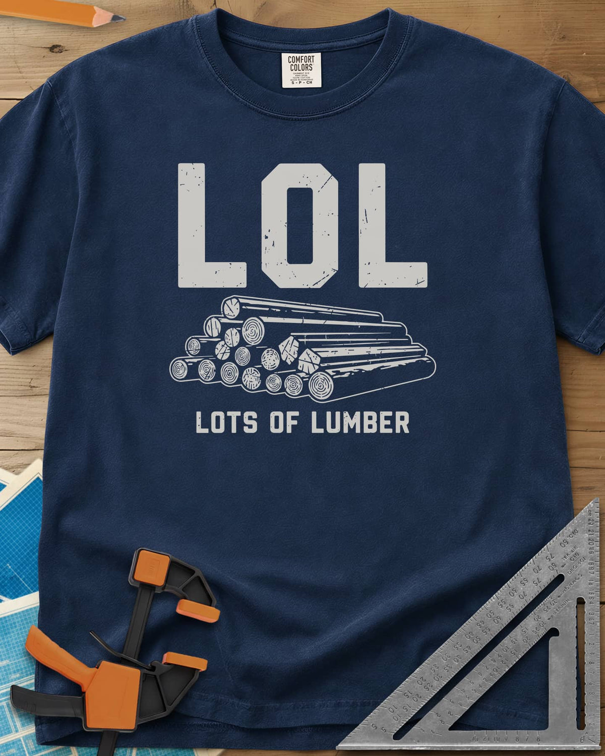 LOL heavyweight tee in Navy, big LOL above a line-drawn stack of logs