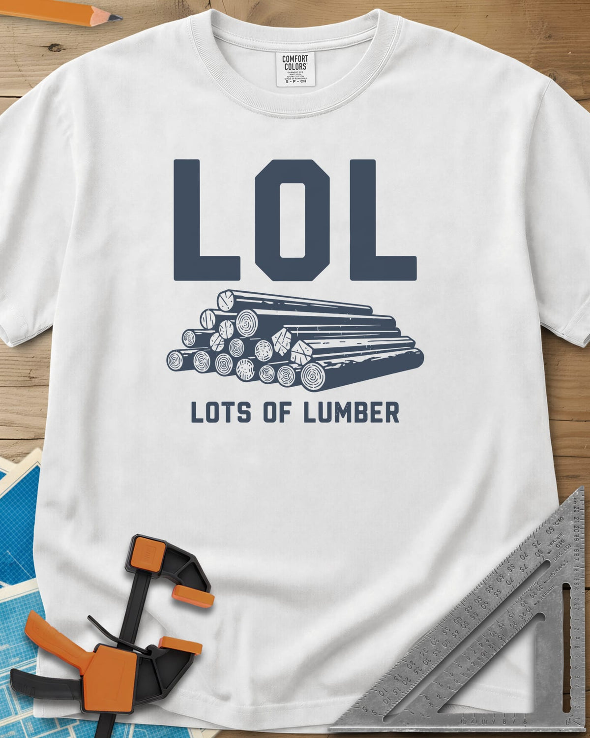 LOL heavyweight tee in White, big LOL above a line-drawn stack of logs
