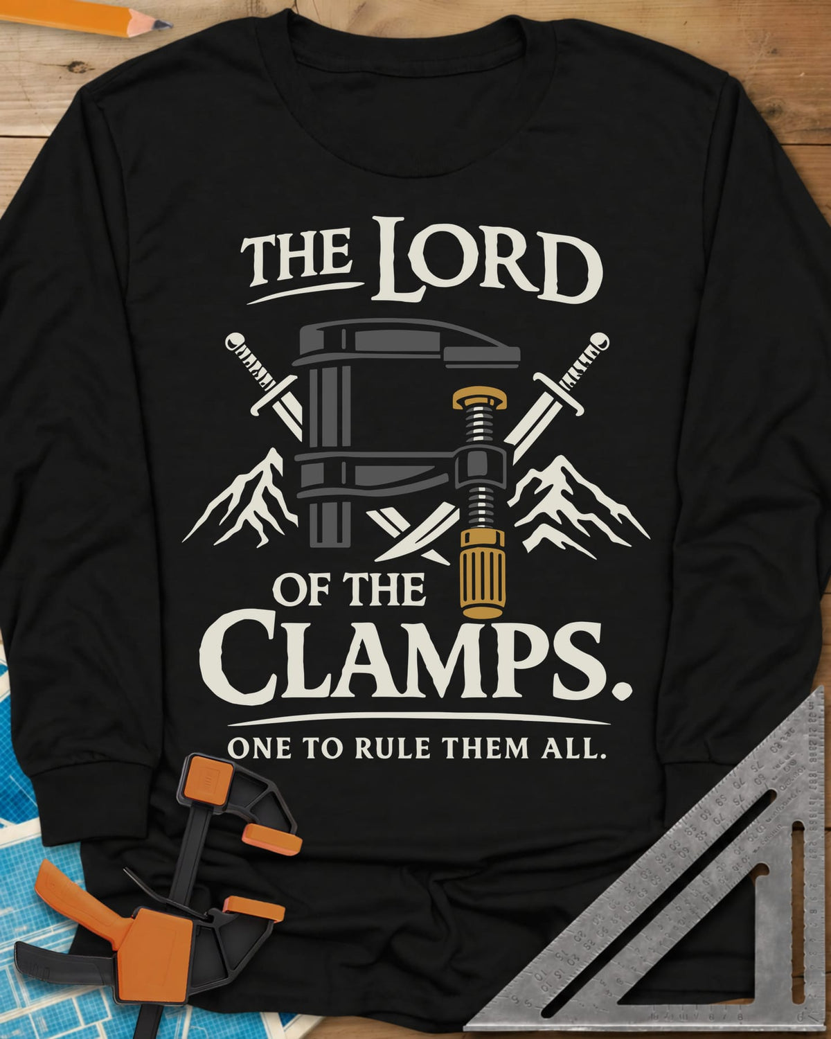 Lord Of The Clamps long sleeve shirt in Black, a bar clamp between crossed swords and snowy mountain peaks