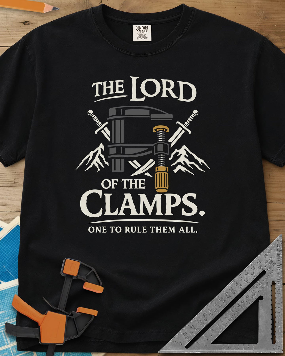 Lord Of The Clamps heavyweight tee in Black, a bar clamp between crossed swords and snowy mountain peaks