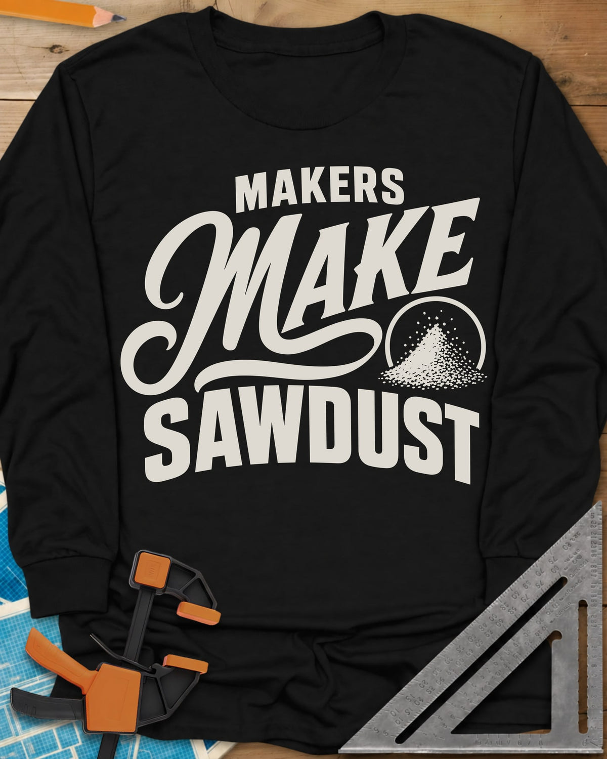 Make Sawdust long sleeve shirt in Black, bold lettering with a script MAKE and a small pile of sawdust