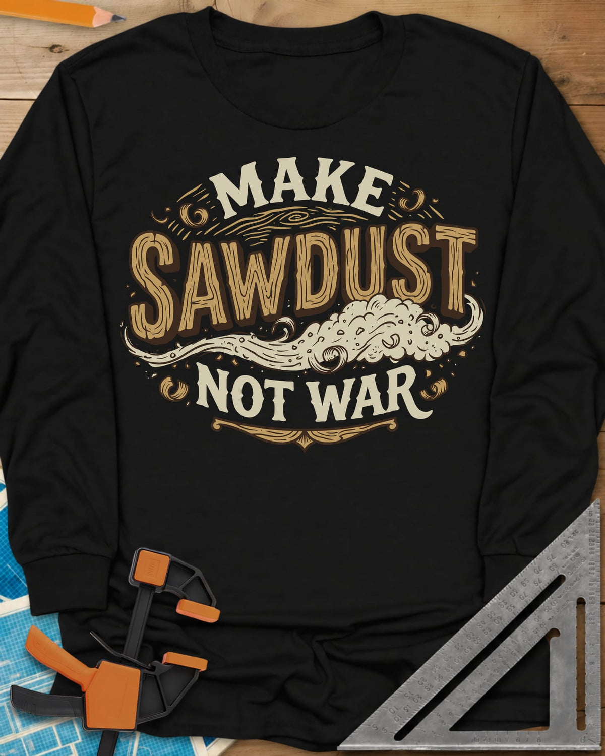 Make Sawdust Not War long sleeve shirt in Black, vintage badge lettering with a swirl of blowing sawdust