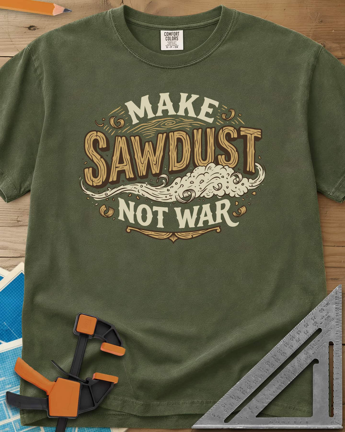 Make Sawdust Not War heavyweight tee in Hemp, vintage badge lettering with a swirl of blowing sawdust