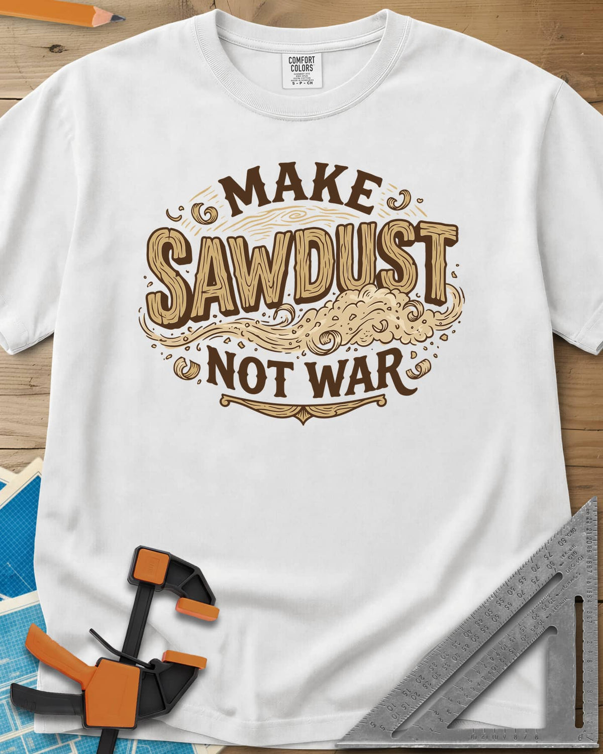 Make Sawdust Not War heavyweight tee in White, vintage badge lettering with a swirl of blowing sawdust