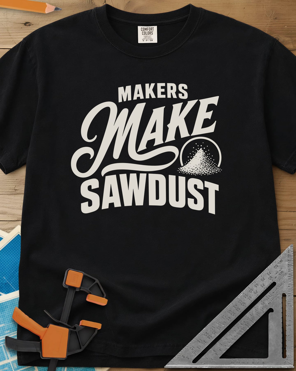 Make Sawdust heavyweight tee in Black, bold lettering with a script MAKE and a small pile of sawdust