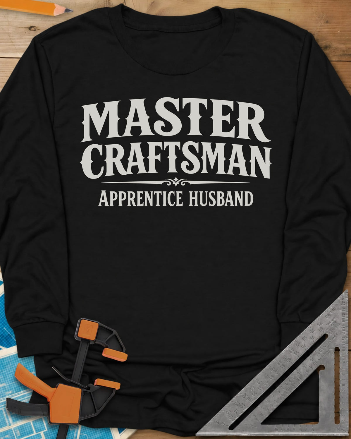Master Craftsman Apprentice Husband long sleeve shirt in Black, bold old-style lettering with a small ornamental divider