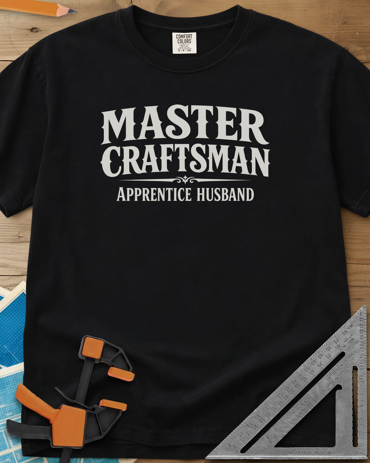 Master Craftsman Apprentice Husband heavyweight tee in Black, bold old-style lettering with a small ornamental divider