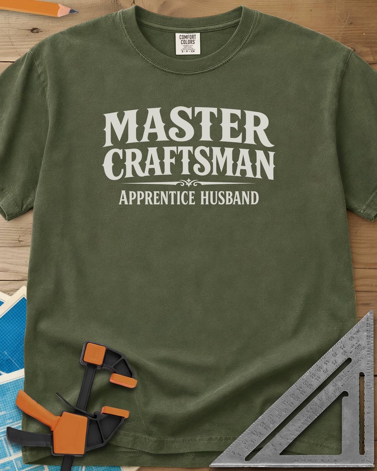 Master Craftsman Apprentice Husband heavyweight tee in Hemp, bold old-style lettering with a small ornamental divider